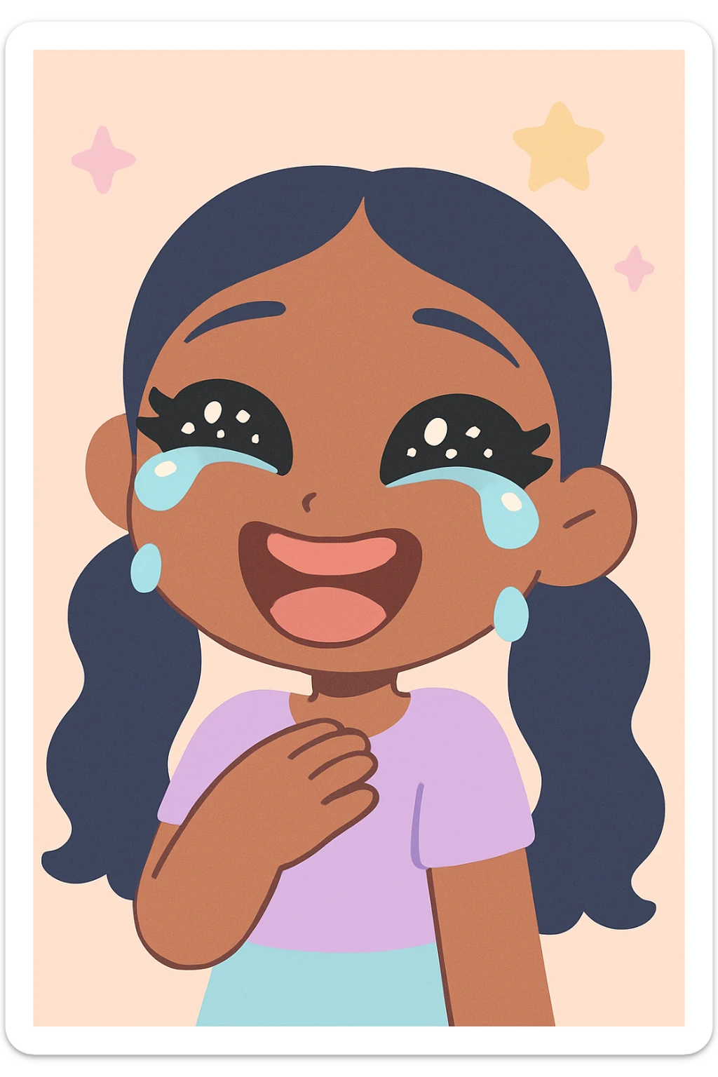 Bratz doll inspired anime character, dark skin, dark hair, laughing so hard she cries, big expressive eyes, glossy lips sticker