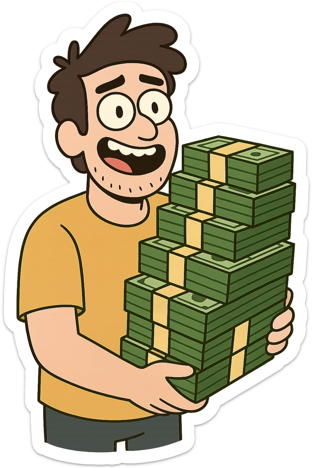 big stack of money, modern look, green gold and white color scheme, rounded shapes, simple design sticker