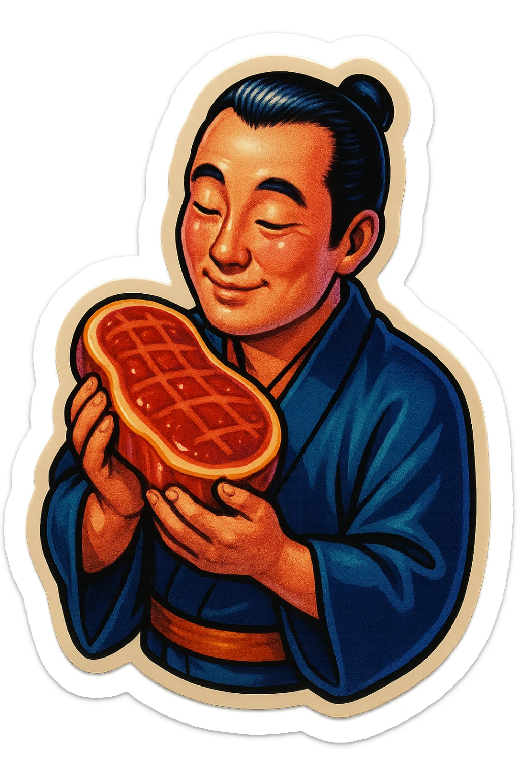 A Japanese man in traditional kimono with a loving look holds a steak in his hands, preparing to eat it sticker