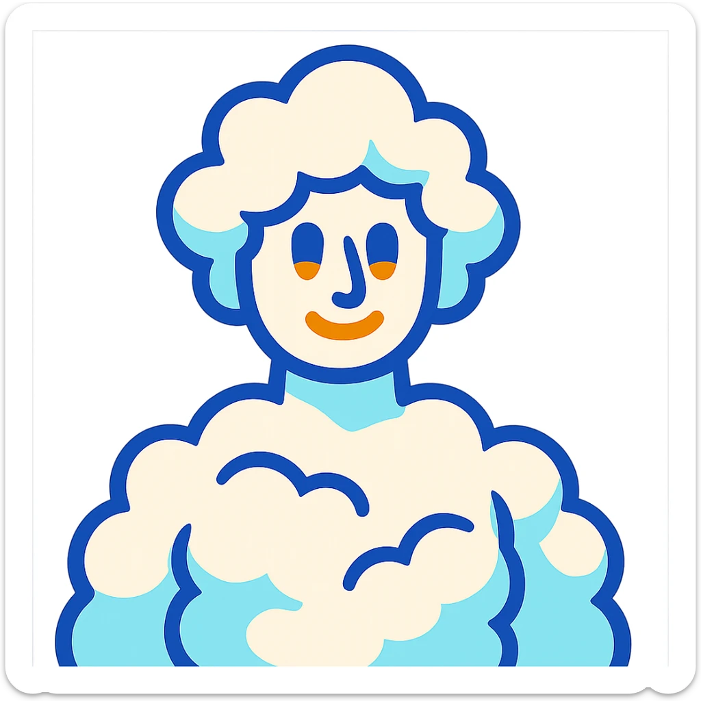person, upper body up to the shoulders entirely made of voluminous clouds, clouds forming the shape of a person, cartoon illustration sticker