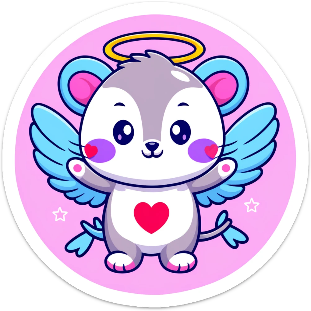 adorable possum with angel wings and halo, surrounded by stars and hearts, Lisa Frank colors sticker