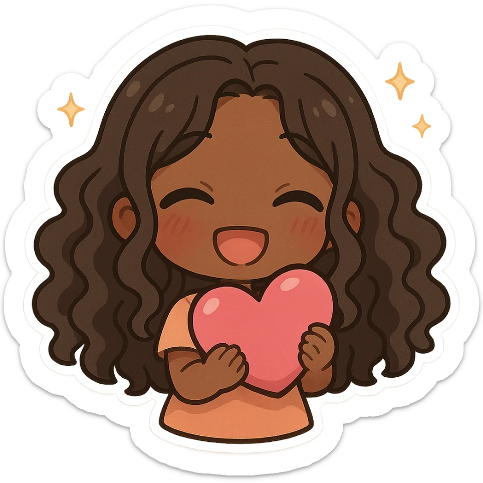 chibi anime black girl with long curly hair, smiling, holding a pink heart, sparkles around sticker