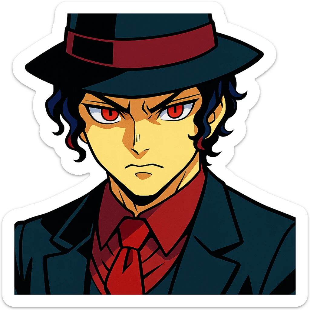 Muzan Kibutsuji from Demon Slayer, vibrant anime style, pale skin, black fedora, red eyes, menacing look sticker