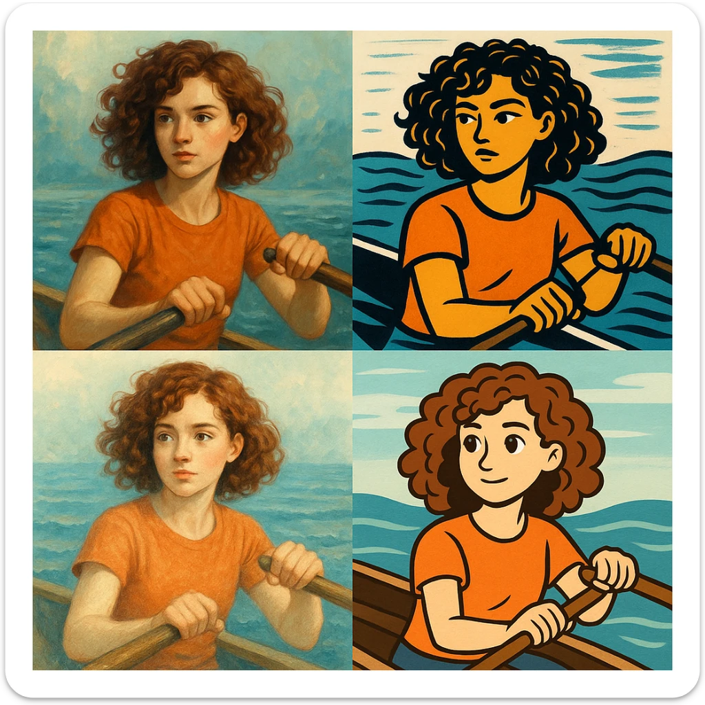 kıvırcık saçlı, kürek çeken kız, farklı stillerde sticker