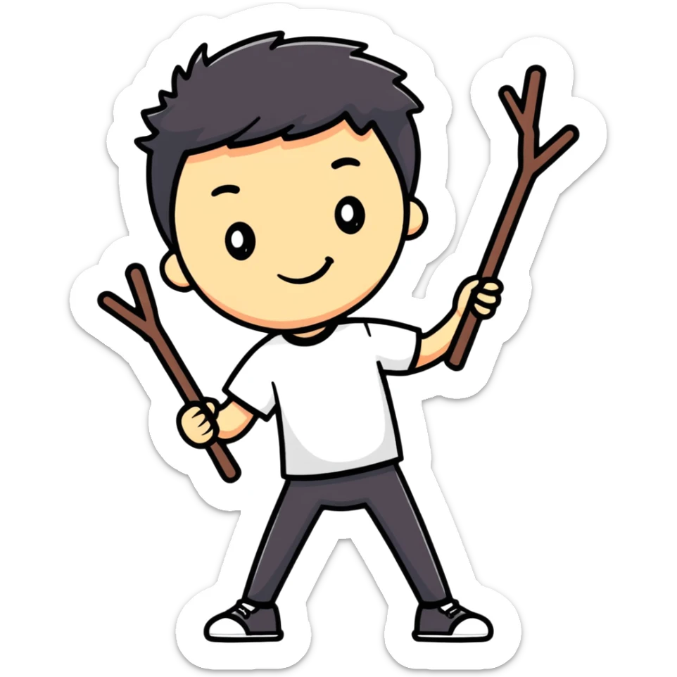 cartoonish sticker of a stick man in a colorful T-shirt, playful pose sticker