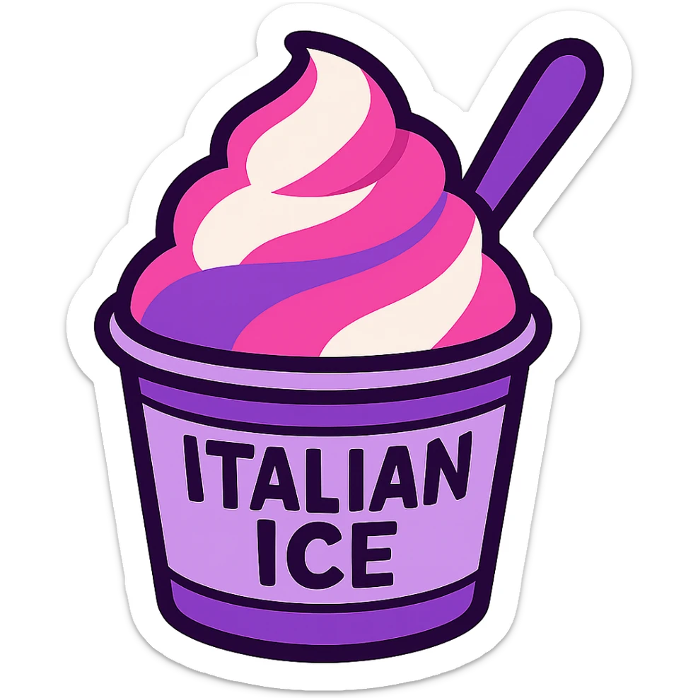 Italian ice dessert in purple, pink, and white, vibrant, appetizing, in a cup, with a spoon sticker