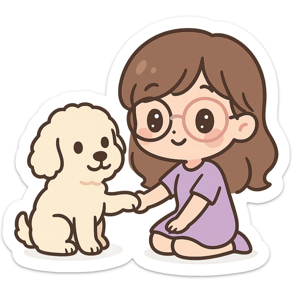 chibi style brunette female with glasses in a purple outfit with her large white or cream colored goldendoodle, the dog is giving her a paw sticker