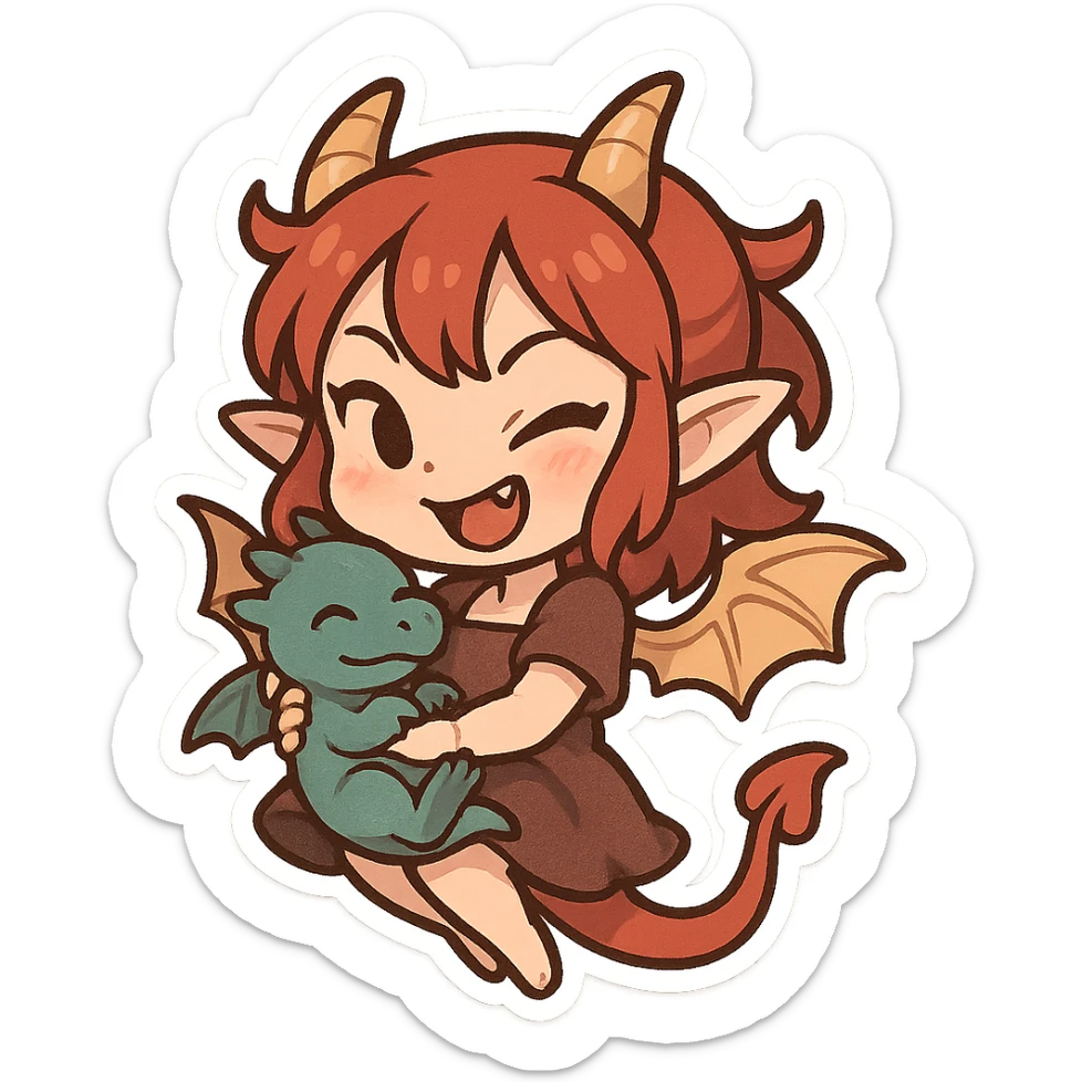 chibi stickers style dragon girl with small wings, holding a baby dragon, playful and mischievous sticker
