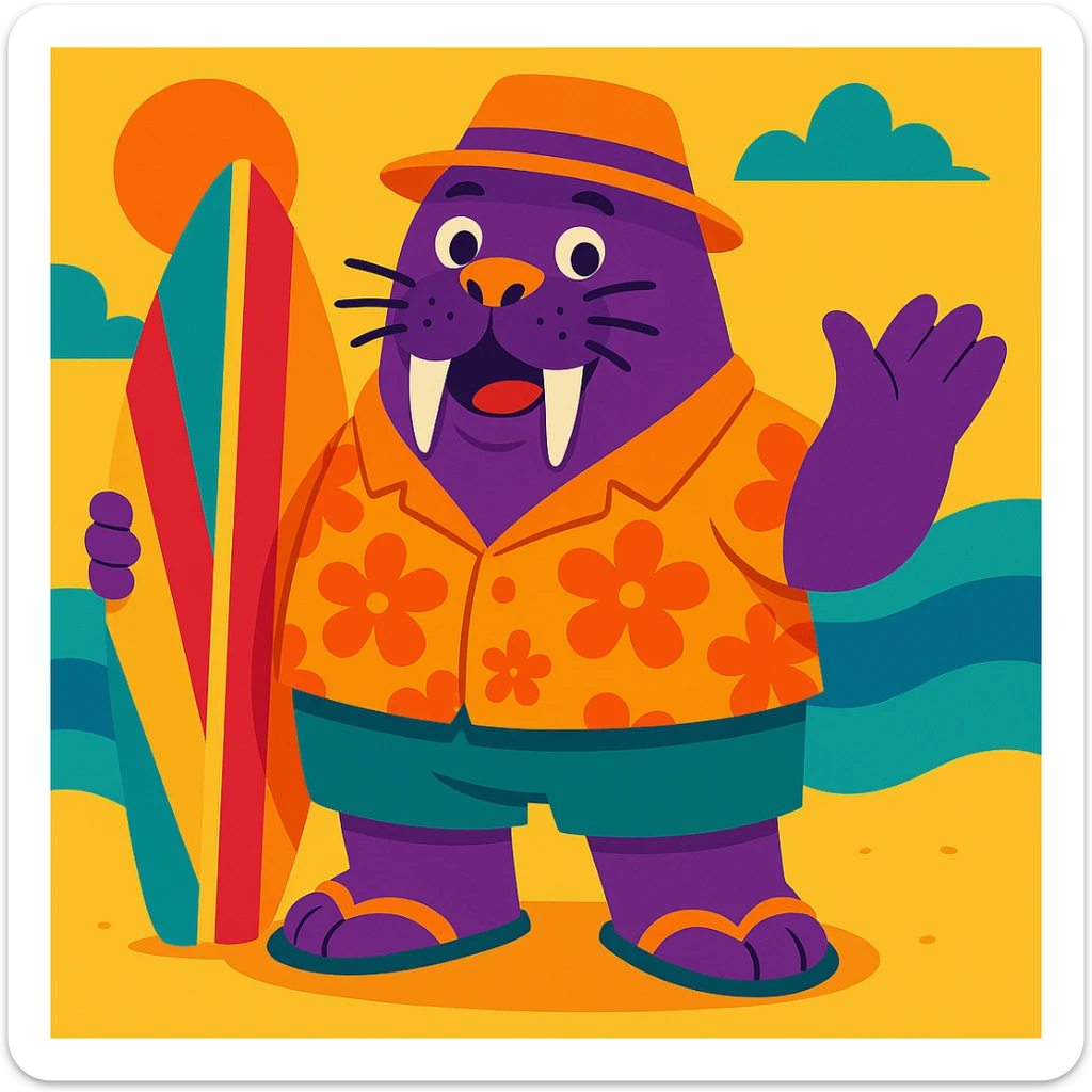Add a colorful surfboard to the purple walrus wearing summer clothes, keep the vibrant and playful style. sticker