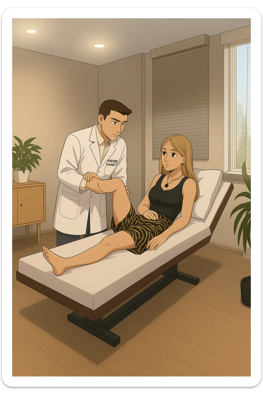 fai un webtoon/manga a colori con questo kinesiologo in camice bianco (fagli la scritta "ANTONIO ANANIA" SUL CAMICE) CHE SVOLGE UN TEST NEUROMUSCOLARE SOLLEVANDO UNA GAMBA ALLA RAGAZZA CHE è STESA SU UN LETTINO BIANCO. STANZA SEMPLICE E MODERNA, DURANTE IL TEST I DUE DIALOGANO TRA LORO. NON FARE I FUMETTI, FAI SOLO LORO COME SE DIALOGASSERO sticker