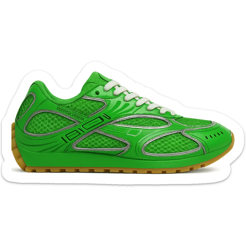 Recreate the Bottega Veneta Orbit sneaker in signature Bottega green, keeping the exact design and details, side view, clean background, in a realistic and detailed style. sticker