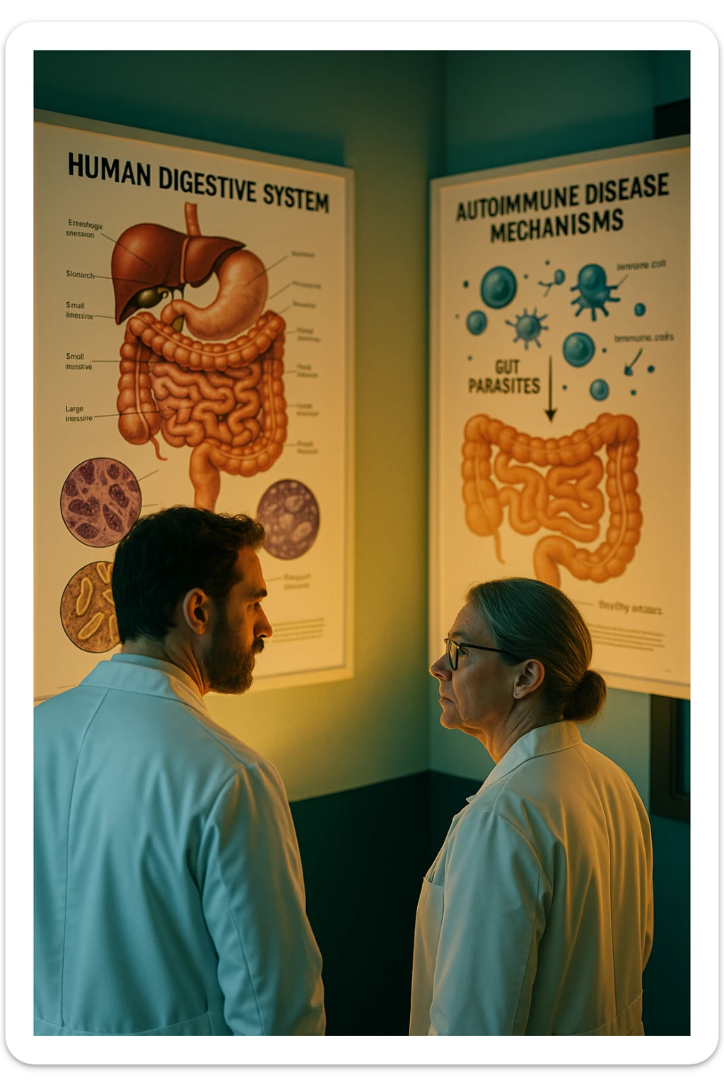 Realistic, detailed photo taken from behind of two doctors—a bearded man and a middle-aged woman—standing side by side in a modern medical office, intently studying a large, illuminated medical chart on the wall. The chart displays a detailed diagram of the human digestive system, highlighting the intestines and showing microscopic images of intestinal parasites. Next to it, another chart illustrates the immune system attacking healthy tissues, visually connecting gut parasites to autoimmune disease mechanisms. The room is bathed in a single green-blue color, with a warm, yellow-orange light casting soft shadows around the doctors. Both wear white coats and have serious, focused expressions, suggesting a deep discussion about the root causes of autoimmune conditions. Shot with a Canon EOS R5, with high detail, natural depth of field, and a clinical yet dramatic atmosphere. sticker
