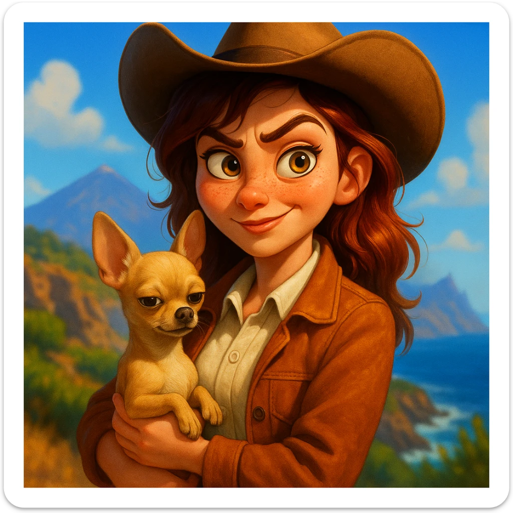 Portrait of a female cowboy with a rebellious and playful expression, wearing a cream shirt and a cognac-colored jacket, freckles, tanned skin, hazel eyes, auburn-highlighted hair, holding a beige-brown chihuahua in her arms, with a blurred background of Tenerife, in Pixar art style, bright illustration, expressive, big eyes, vivid colors. sticker