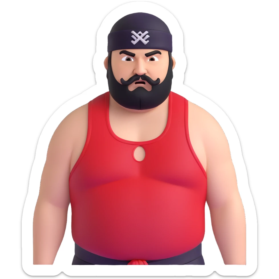 Close-up of extremely fat white skin guy with young face, prominent BLACK DURAG tied clearly on head, distinct black beard and mustache, no muscle, black eyes in a red and black wrestling singlet with angry face sticker