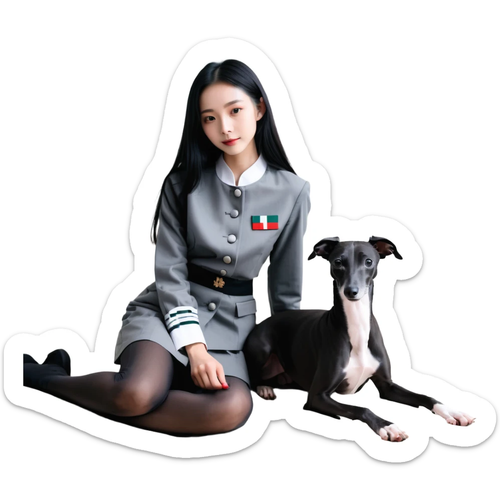 Slim Chinese girl with long black hair and her completely solid dark grey Italian greyhound in a cozy home setting, the dog has absolutely no white markings on face or nose, completely uniform grey color throughout sticker
