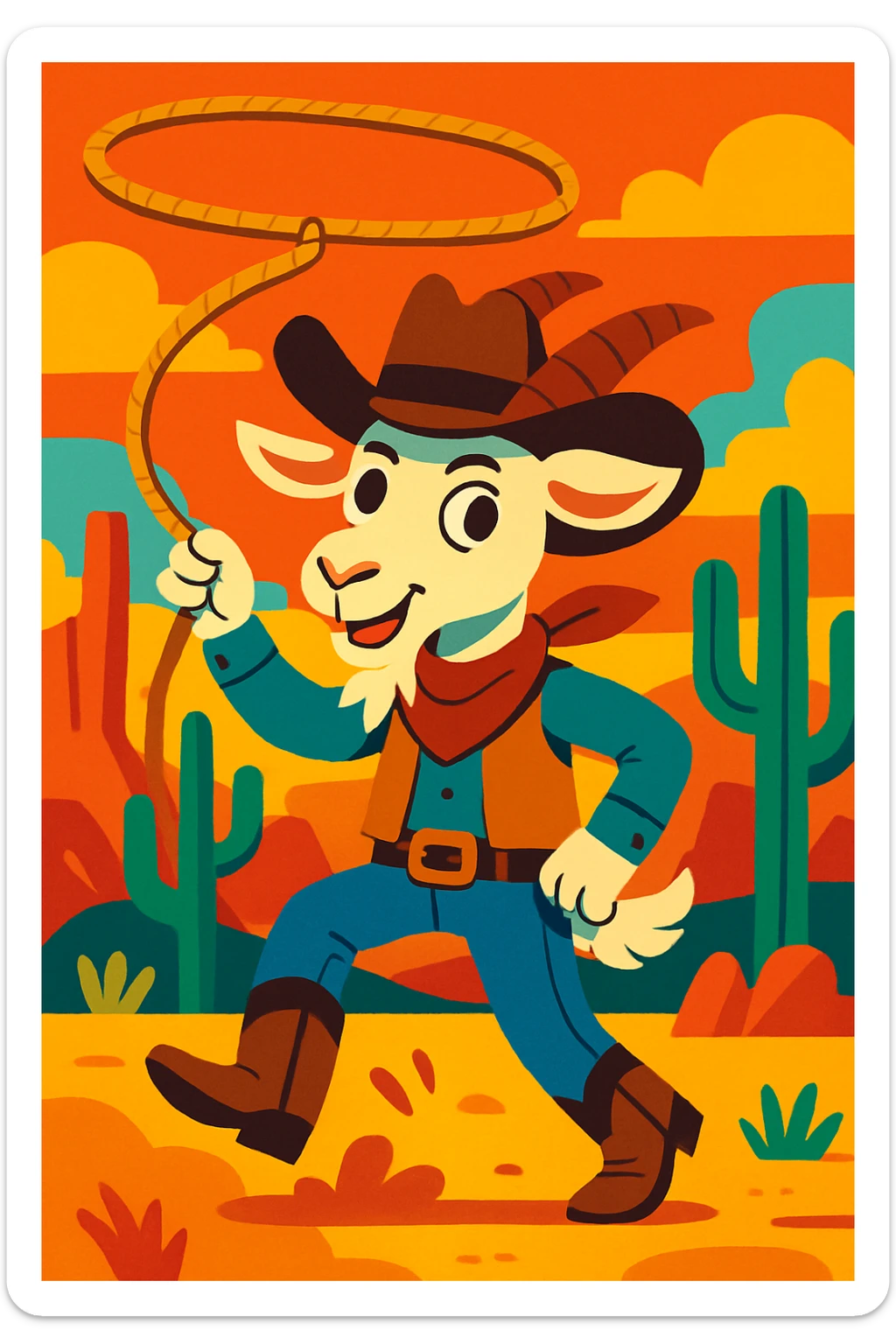 a goat cowboy with a lasso, western outfit, playful and fun, vibrant colors sticker