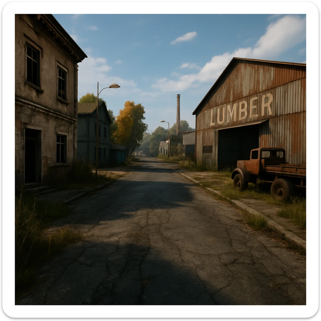 a view of the city street in a videogame: DayZ - in the town of berezio "lumber" [no text contained in the image] sticker