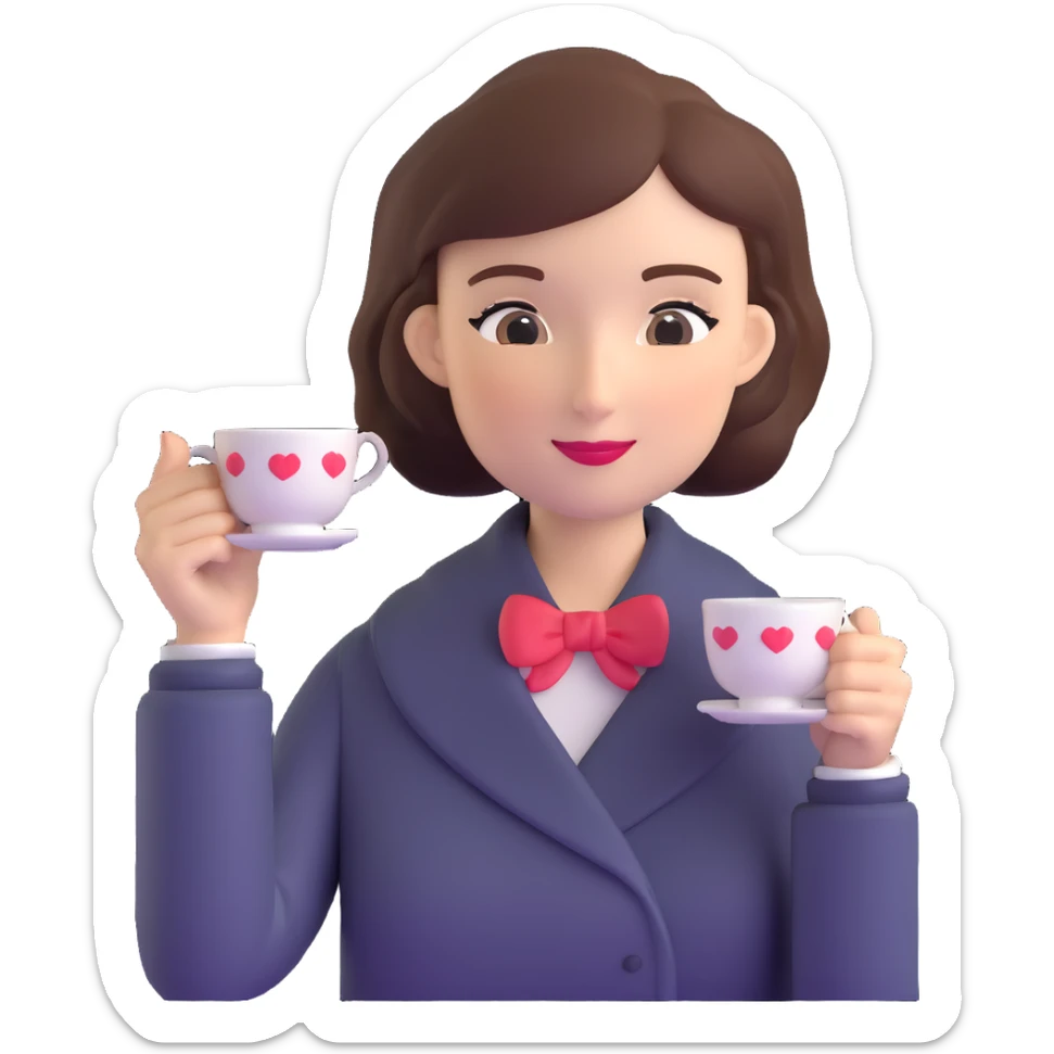 Sophisticated British woman holding teacup in one hand with perfect posture and refined gesture sticker