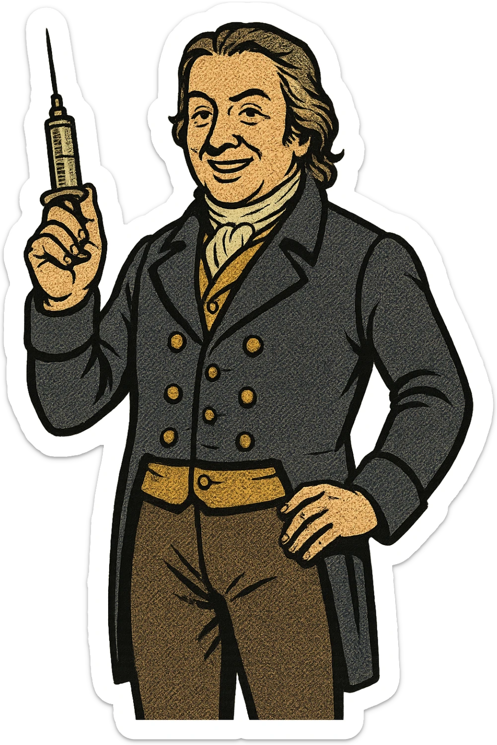 An full body image of victorian doctor smiling Edward Jenner from the late 1700s with an old fashioned syringe in his hand sticker