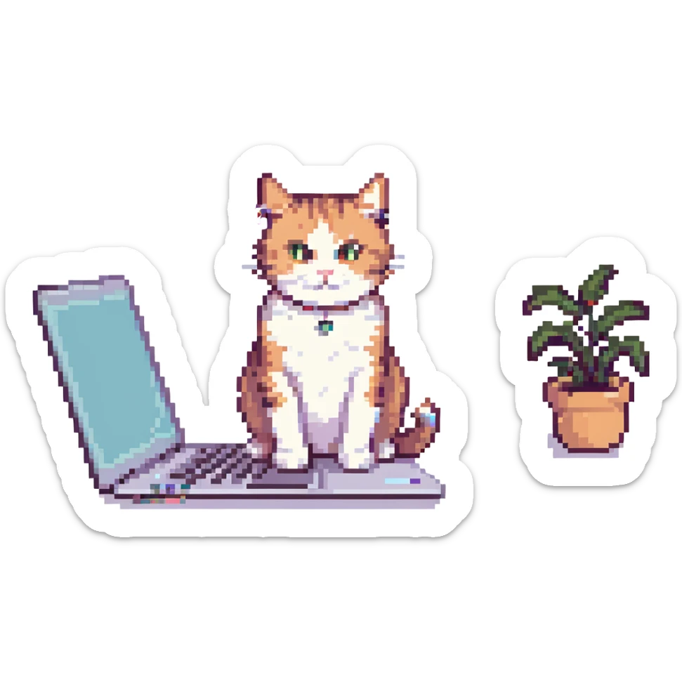A cute cat sitting on a laptop, vibrant colors, playful and friendly. sticker