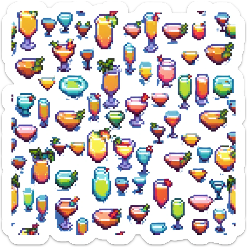 Sex on the beach cocktail, neon colors, 8-bit style, retro gaming aesthetic sticker