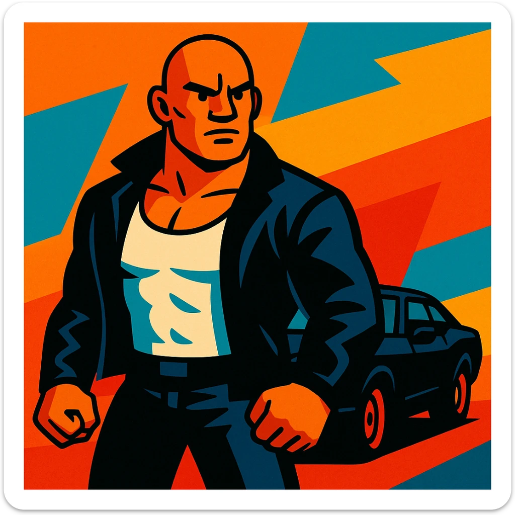 Bald muscular man in a white tank top and black jacket, black car in the background, action movie vibe sticker