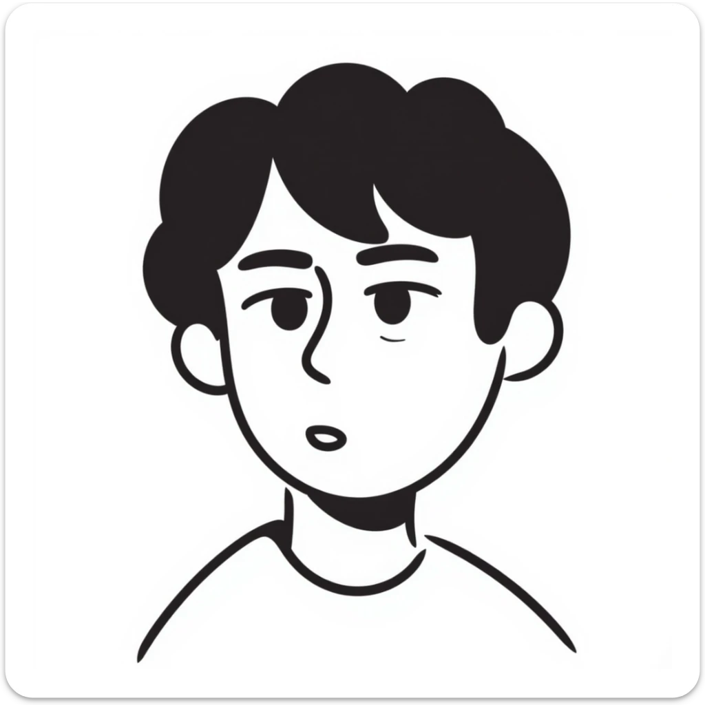 A man with brown hair and brown eyes, a little angry but kind at the same time. He has a bob-style hairstyle that covers his ears, has bangs in front of his eyebrows, and white skin. sticker