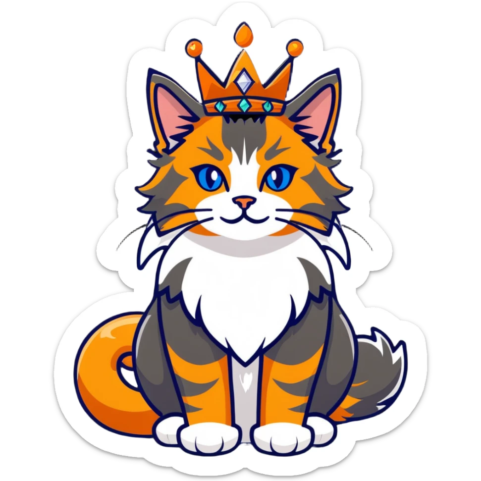 regal calico maine coon cat with orange, black and white fur wearing a jeweled crown sticker