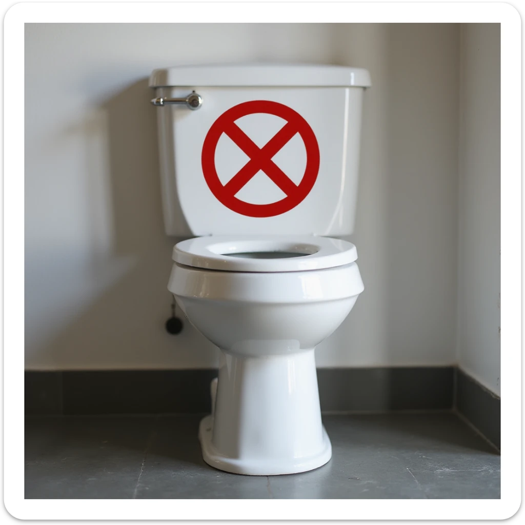 a photorealistic toilet with a vivid red prohibition symbol (circle and slash) over it sticker