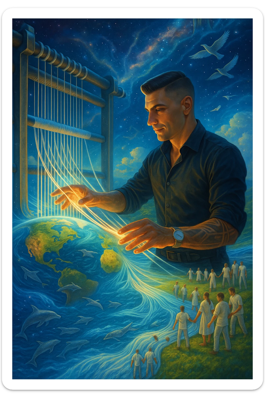 Uomo del 2030 al telaio gigante cosmico che tesse il destino del pianeta con fili di cotone stellare, ogni fibra naturale che intreccia ripara una parte dell'ecosistema terrestre, dita che brillano mentre guidano i fili di cotone attraverso dimensioni parallele, tessuto che si estende dall'atmosfera fino alle profondità marine, creature marine che nuotano attraverso le onde del tessuto acquatico, uccelli che volano seguendo i pattern del tessuto aereo, humanity unita che indossa vestiti di cotone e partecipa alla grande tessitura collettiva della salvezza planetaria sticker