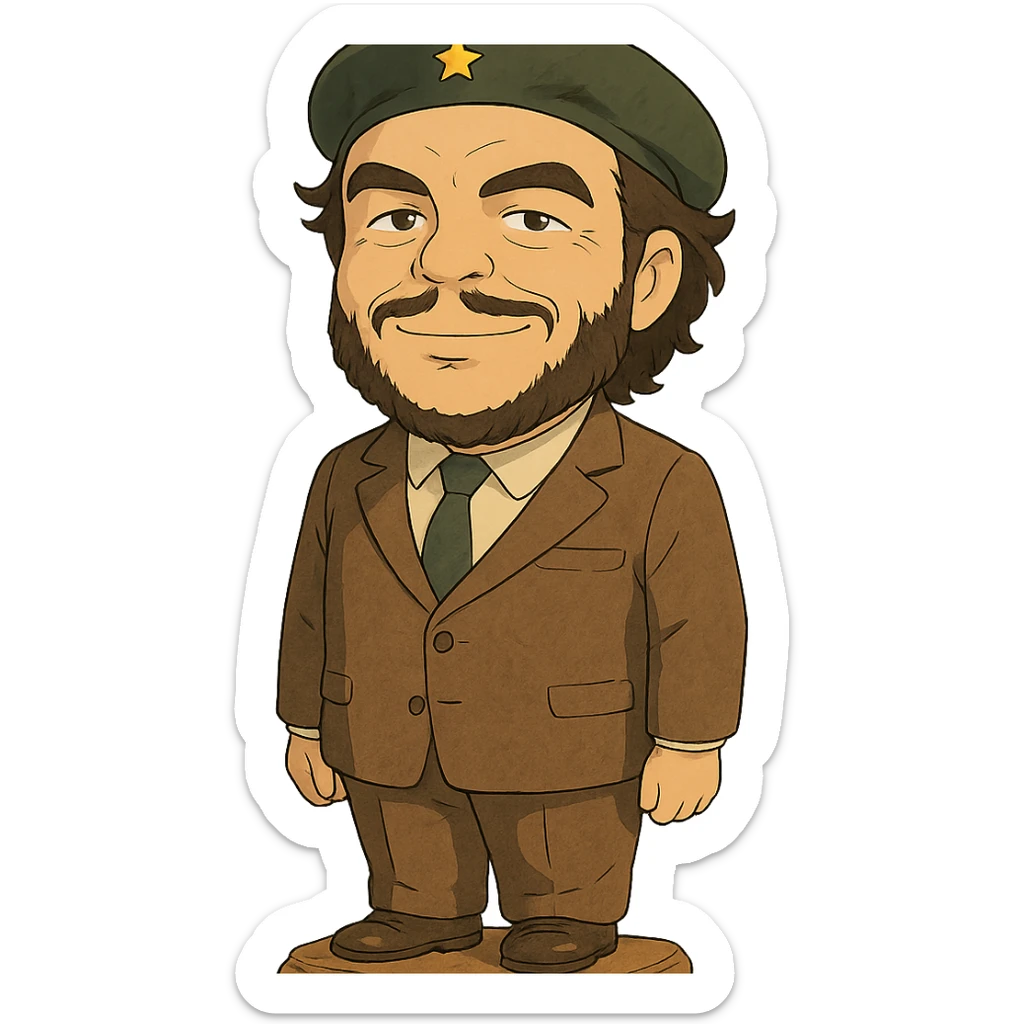 statuette of Che Guevara in a suit and tie, big head, confident smile, ghibli style sticker