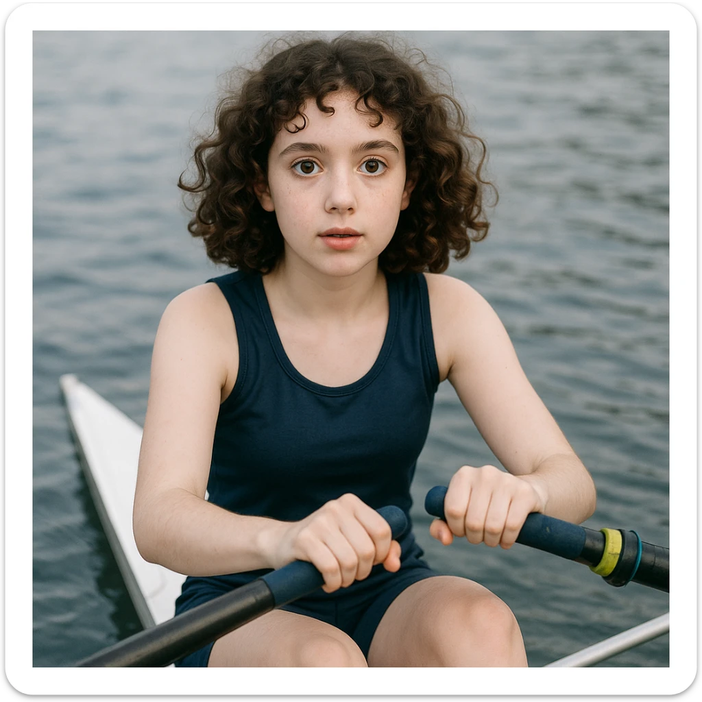 kürek çeken, kıvırcık saçlı, beyaz tenli, gözleri biraz iri kız, genel stil sticker