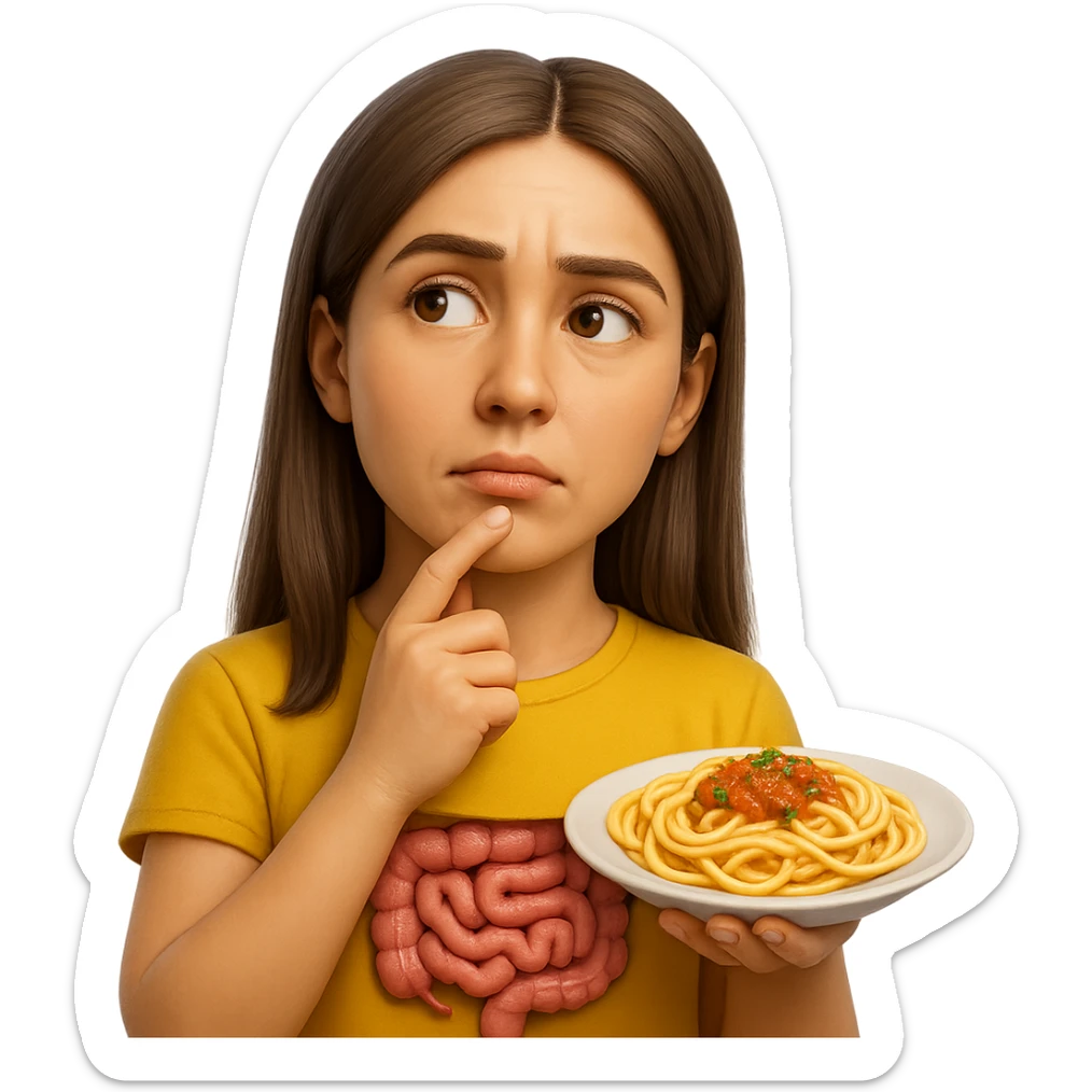donna che guarda pensierosa con intestino in evidenza un piatto di pasta, stile emoji iphone, iperrealistico 4k sticker