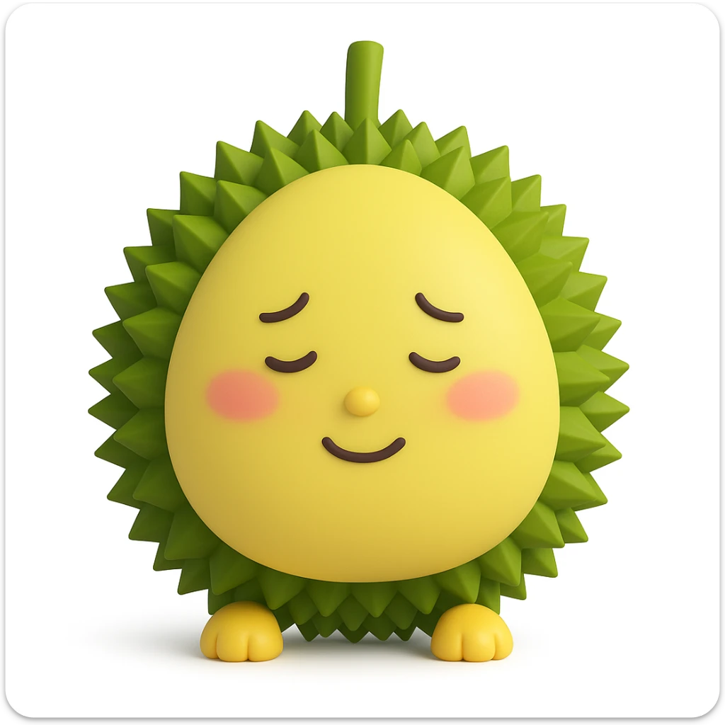 Change the expression of the durian character to a shy, blushing face, keeping all other characteristics the same. The style is 3D emoji style with a round, outline-free chibi durian with a green shell and yellow flesh. sticker
