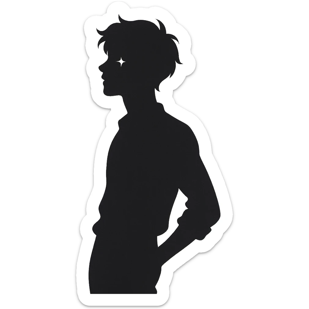 minimalist silhouette of a youthful male figure with a gentle pastel aura, subtle sparkle near the eyes, and a relaxed, confident pose, exuding effortless charm and playful unpredictability sticker