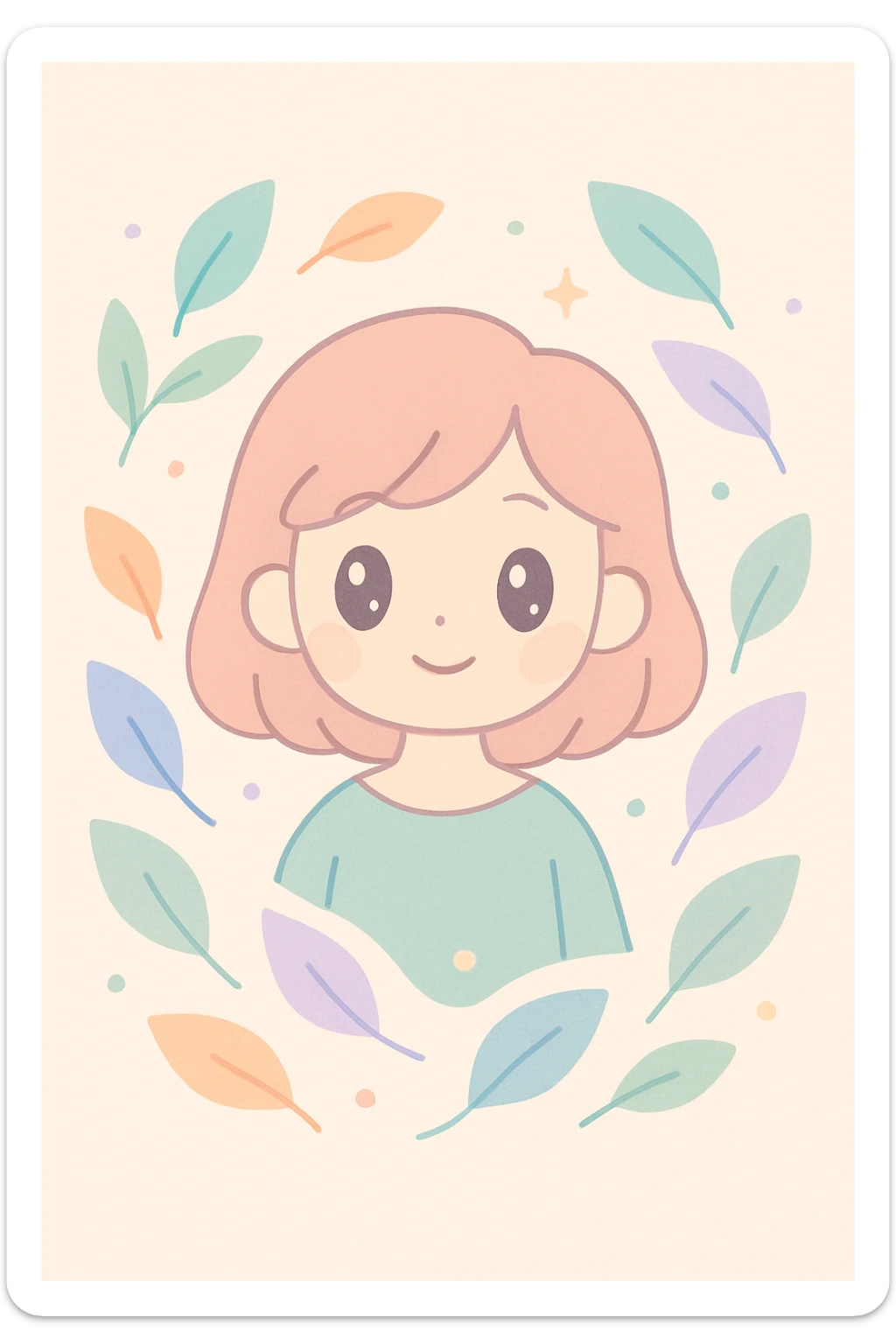 a girl surrounded by swirling leaves in a magical atmosphere, whimsical and enchanting sticker