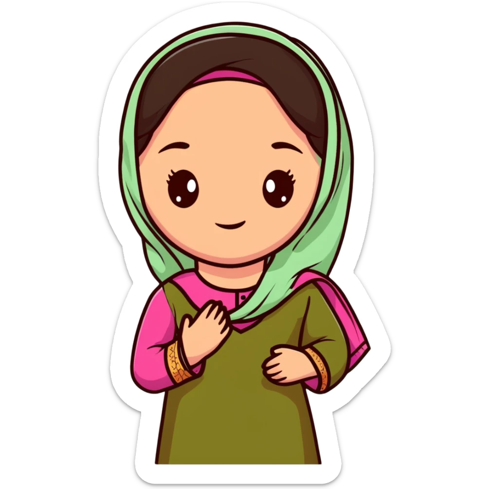 girl with light wheatish skin, dark brown hair, wearing dark pink kurti with sage green dupatta on head sticker