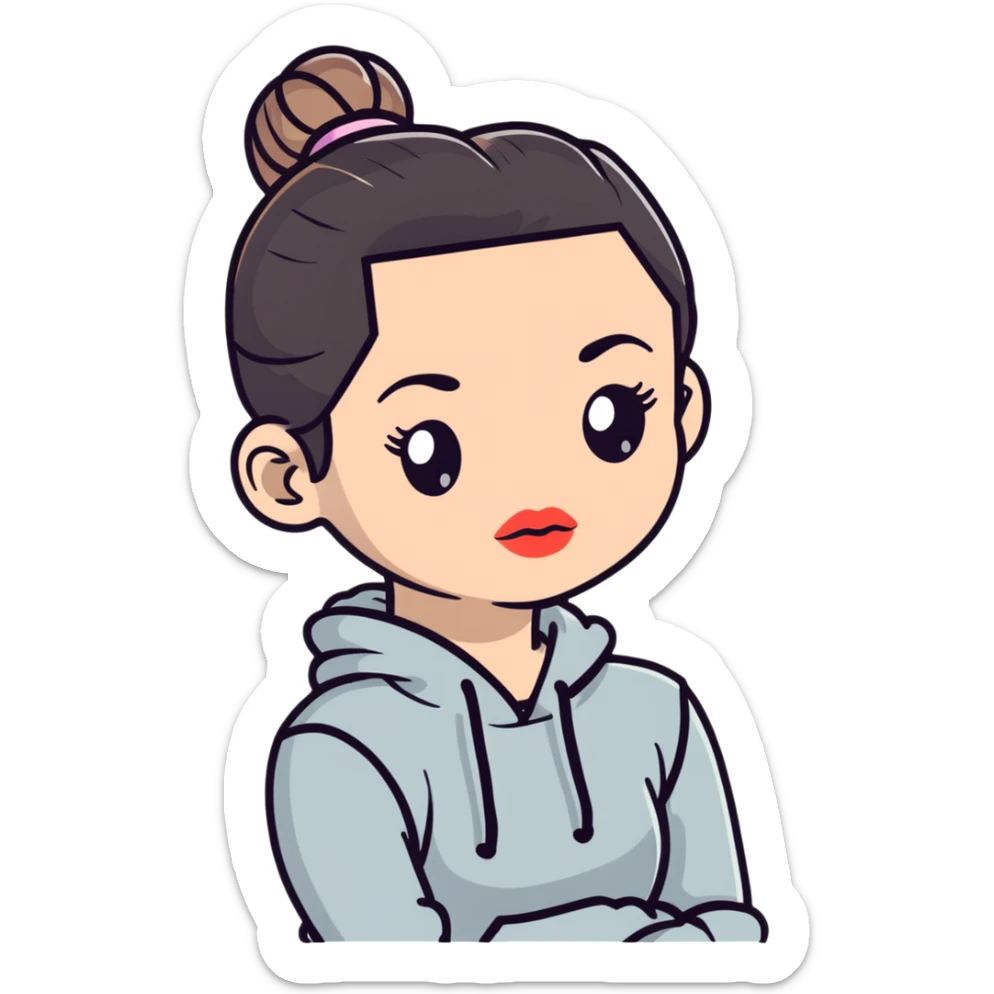 cartoon sticker of a clean girl with dewy skin, glossy lips, hair in a bun, wearing athleisure sticker