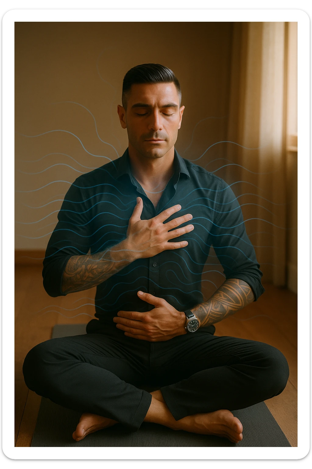A highly realistic, cinematic portrait of a man in his early 30s with a calm, focused expression, sitting cross-legged on a yoga mat in a softly lit room. His eyes are closed, and he is performing deep diaphragmatic breathing, with one hand resting on his chest and the other on his abdomen, visibly rising and falling with each breath. A subtle glow or faint blue light outlines his body, symbolizing calm energy and nervous system regulation. Around him, faint symbolic waves or flowing lines in blue tones represent the breath calming the autonomic nervous system, while a soft warm light from a window illuminates his relaxed face. The atmosphere is peaceful and grounded, with warm natural tones and a clean, minimalist setting, evoking the feeling of inner calm and nervous system reset through conscious breathing. Style: 35mm hyperrealistic film photography, soft depth of field, warm lighting with clear focus on the man's peaceful face and breathing posture sticker