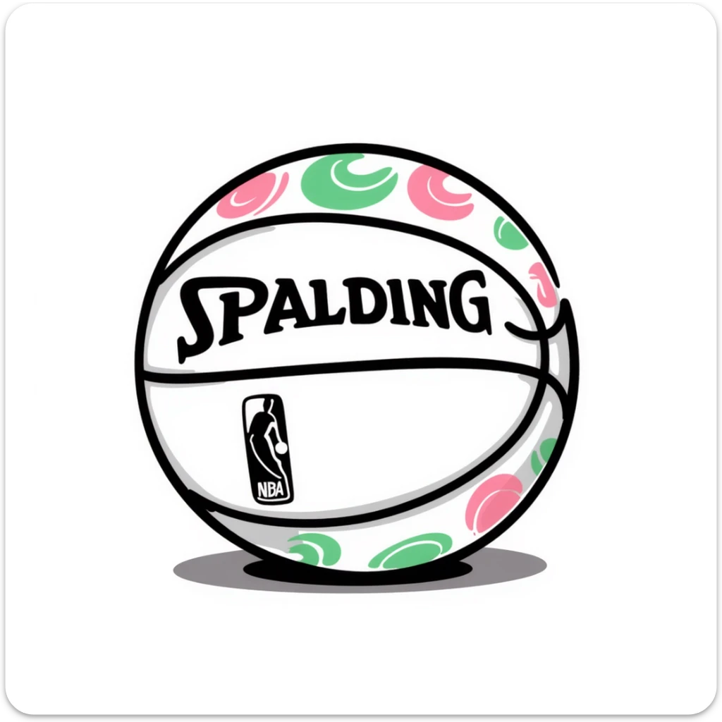 Spalding basketball with NBA logo, white color with pastel pink and green swirls pattern sticker