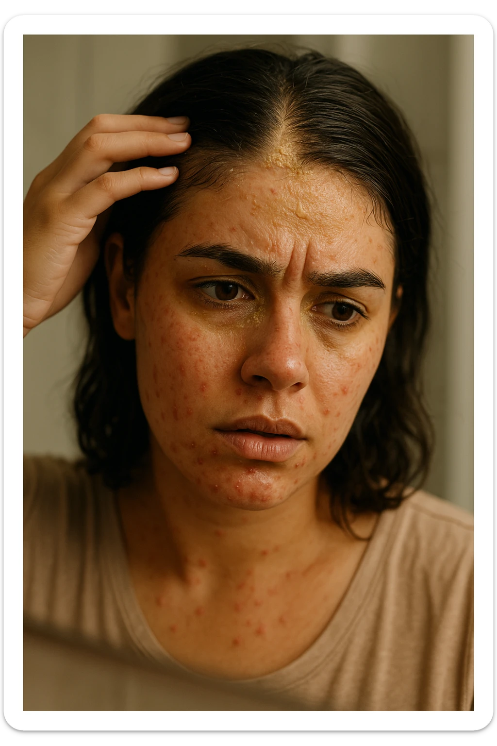 A highly realistic, cinematic close-up portrait of a young woman in her late 20s with medium skin tone, displaying visible folliculitis and seborrheic dermatitis. Small, red, inflamed follicular papules and pustules are scattered along her hairline, jawline, and upper neck, indicating folliculitis. Her scalp and areas around the nose and eyebrows show flaky, greasy yellowish scales, with redness and irritation, indicating seborrheic dermatitis. Her hair appears slightly greasy and clumps near the scalp, emphasizing excess sebum production. She gently touches her irritated scalp with concern while looking at herself in a softly lit bathroom mirror, expressing discomfort and frustration. The environment is neutral and clean, with daylight softly illuminating the scene to highlight the skin and scalp texture. The style is 35mm hyperrealistic, with warm neutral tones and shallow depth of field to maintain focus on her skin, inflammation, and emotional expression, visually explaining the physical discomfort and aesthetic concerns of living with folliculitis and seborrheic dermatitis sticker