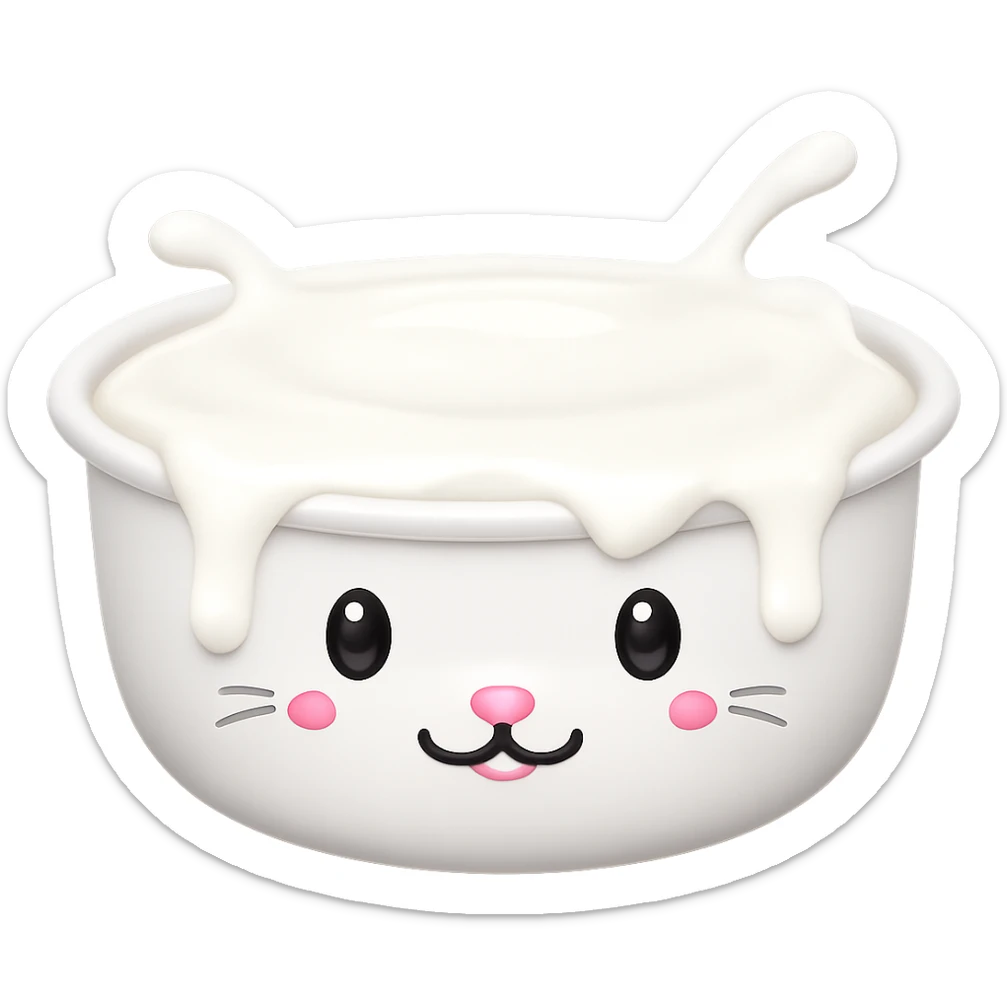 Replace the food in the adorable cat food bowl with milk, the bowl is overflowing with milk, keep the adorable cat food bowl style and apple emoji style, no background. sticker