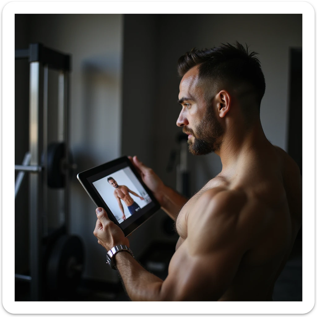 Uomo che guarda video di allenamento muscolare sul tablet, appare insicuro e poco motivato, testo in italiano: “Aumentare i muscoli per accelerare il metabolismo”. Stile iperrealistico. sticker