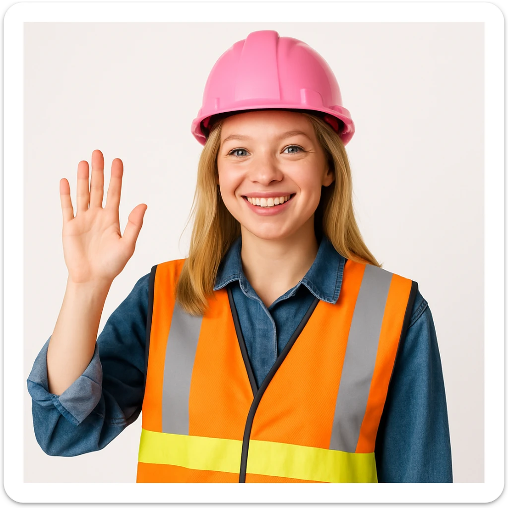 blonde girl construction worker, pink helmet, safety vest, waving, clean background sticker