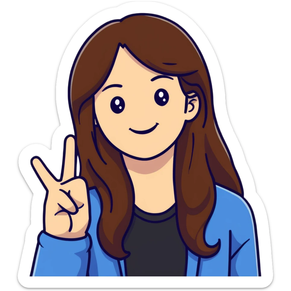 Young woman with long brown hair, smiling, making peace sign, TikTok star sticker