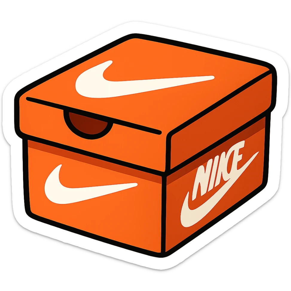 stylized cartoon Nike shoe box, bold orange color, white swoosh, playful proportions, transparent background sticker
