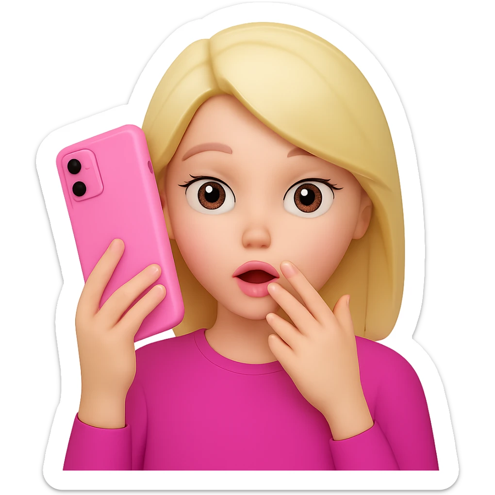 Add a phone in her hand, all pink, Gossip Girl vibe, in the style of apple emojis. Remove the background. sticker