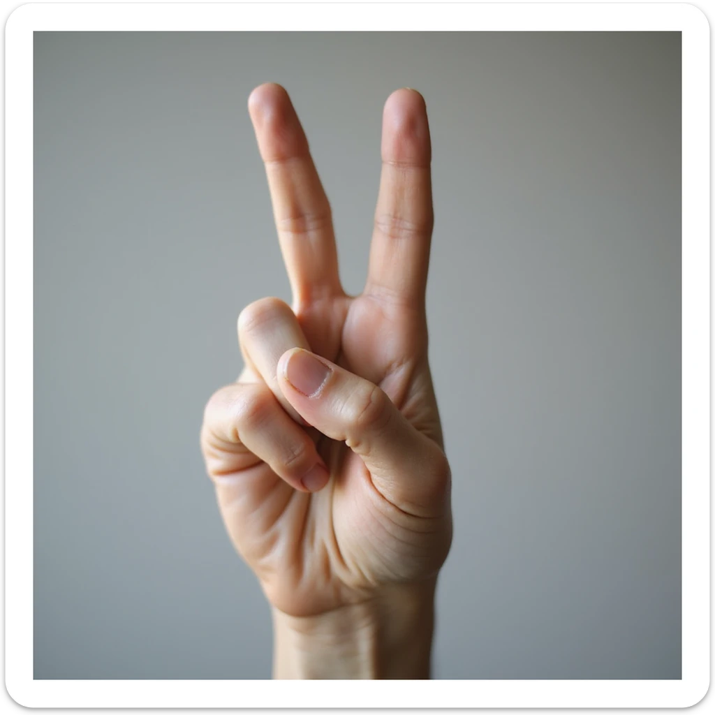 photorealistic hand showing the ASL R sign, index and middle fingers crossed, palm out, lifelike details and lighting sticker