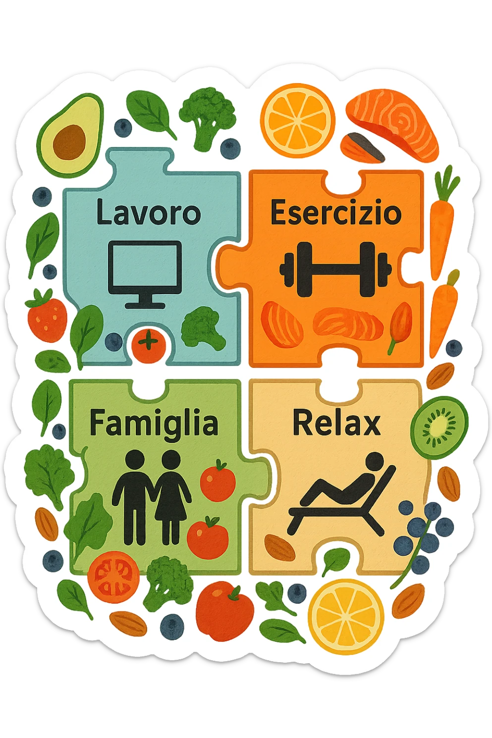 Puzzle (Lavoro, Esercizio, Famiglia, Relax), in lavoro metti icona di un PC, in Esercizio un Manubrio, in Famiglia una famiglia, in Relax qualcuno che riposa and healthy foods are integrated into each piece. in italiano sticker
