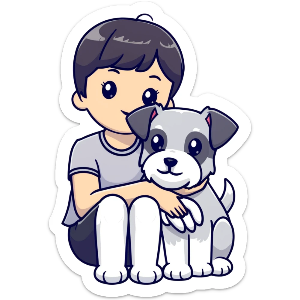 Girl with short black hair and bangs holding a white schnauzer dog sticker